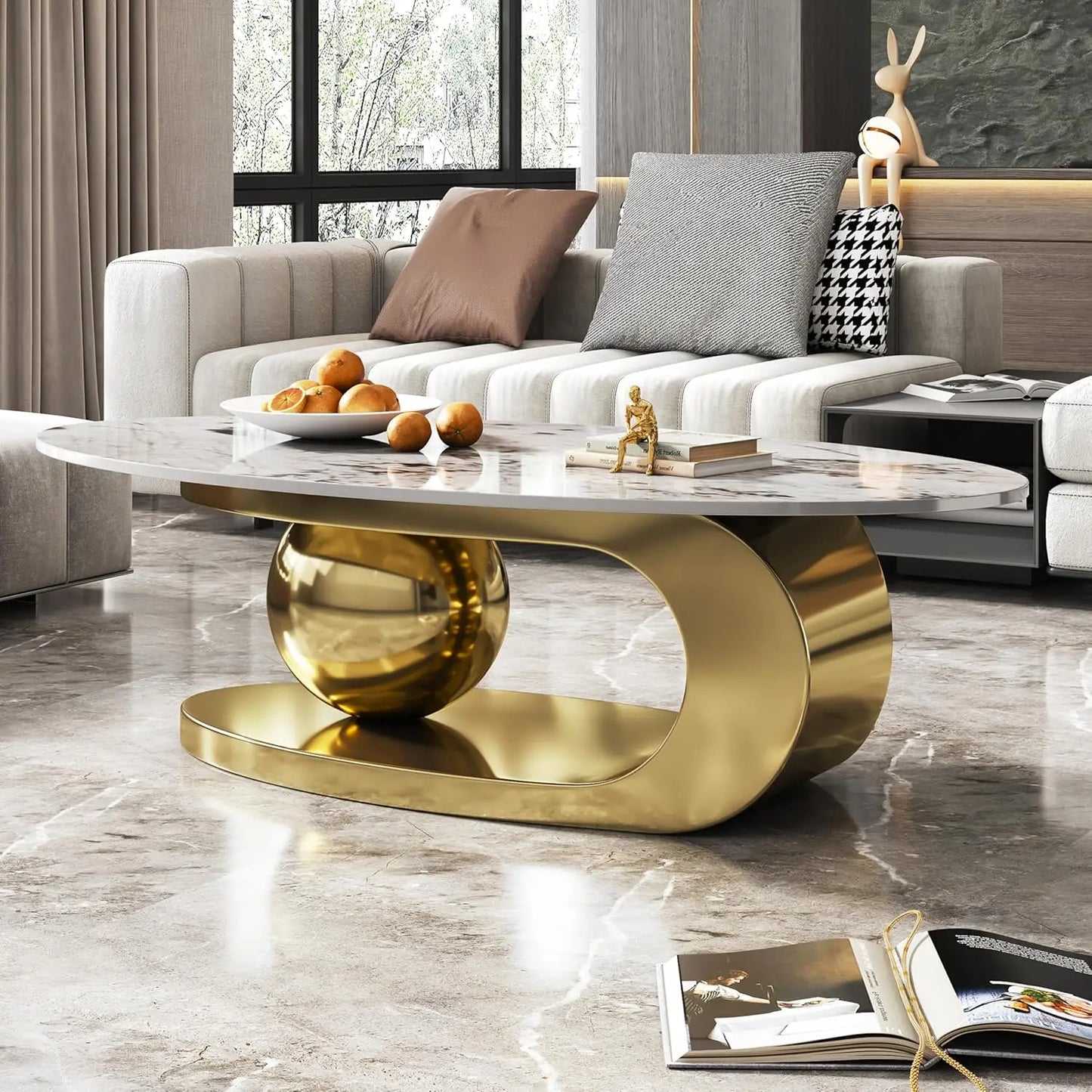 Modern Coffee Table with Silver Stainless Steel Pedestal Oval Living Room Table with Faux Marble Top & Luxury