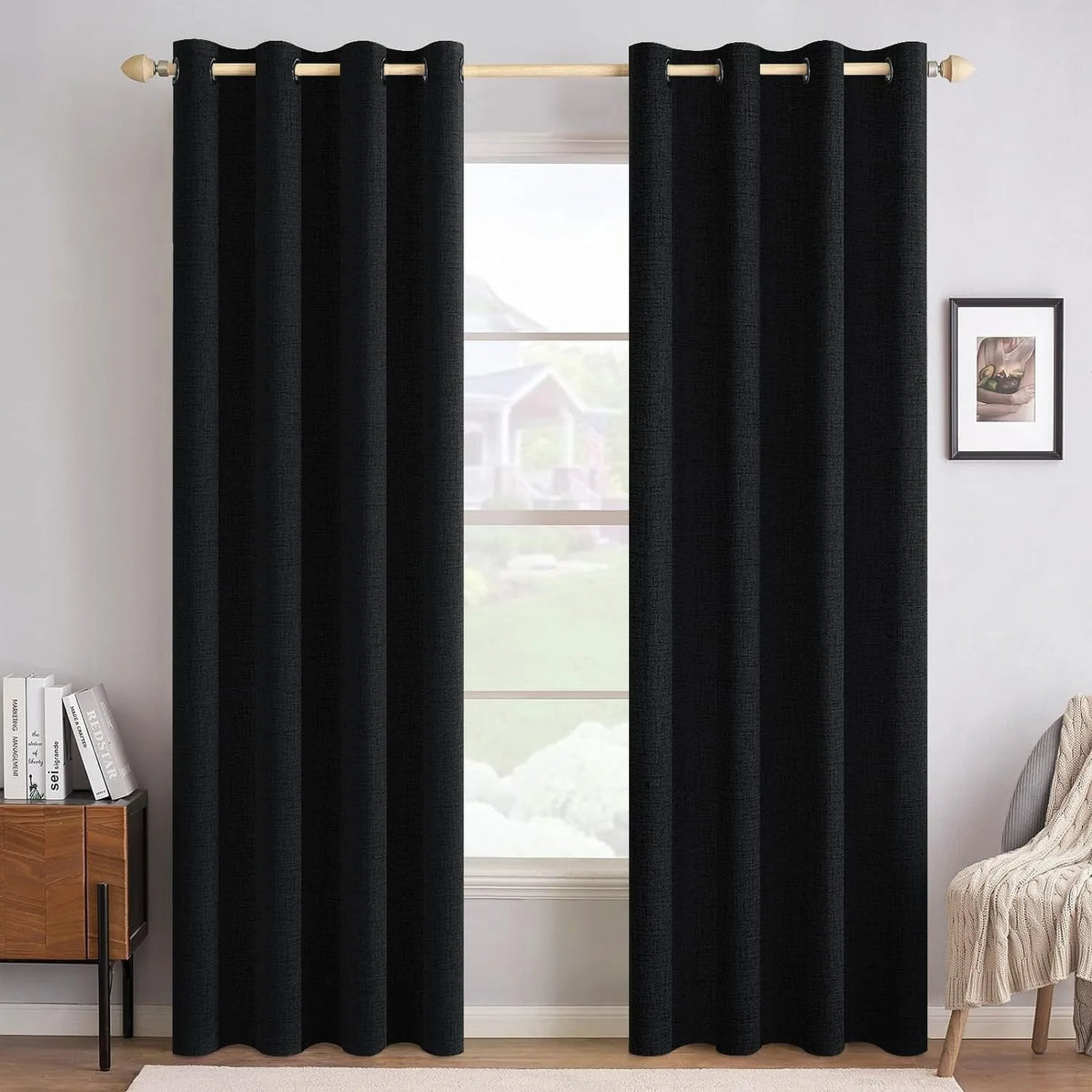 4pcs Set of 100% Blackout Linen Textured Curtains for Bedroom, Sound Reduction and Heat Thermal Insulation, High‑Quality Soft Fabric Window Curtains, Durable Metal Ring Grommet Top Design, Full Light Blocking Drapes, Luxury