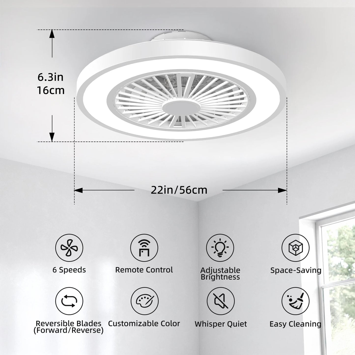 Silent Ceiling Fan with Light 6-Speed Choice Reversible DC Motor 3CCT 22inch with Remote Control Whisper Easy Install Black/White Shipped from USA