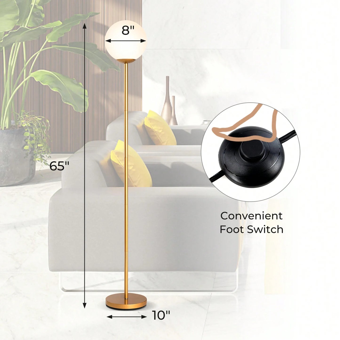 Spherical Glass Shade LED Floor Lamp for Bedroom & Office