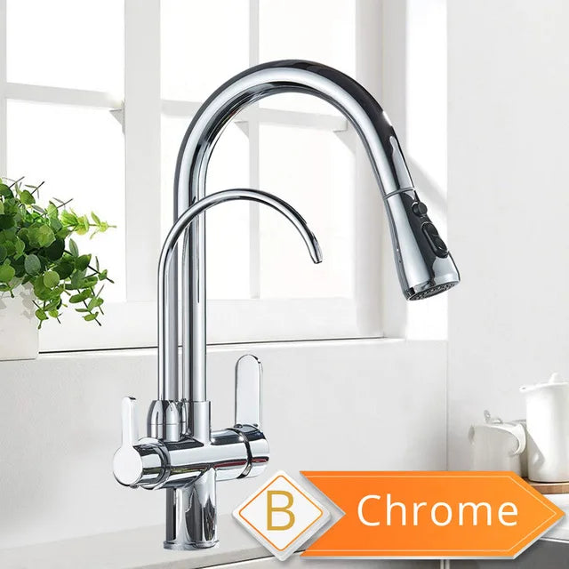 Rozin Filter Water Kitchen Faucet 2 in 1 Antique Brass Pull Out Nozzle Kitchen Purification Crane 2 Ways Swivel Mixer Tap