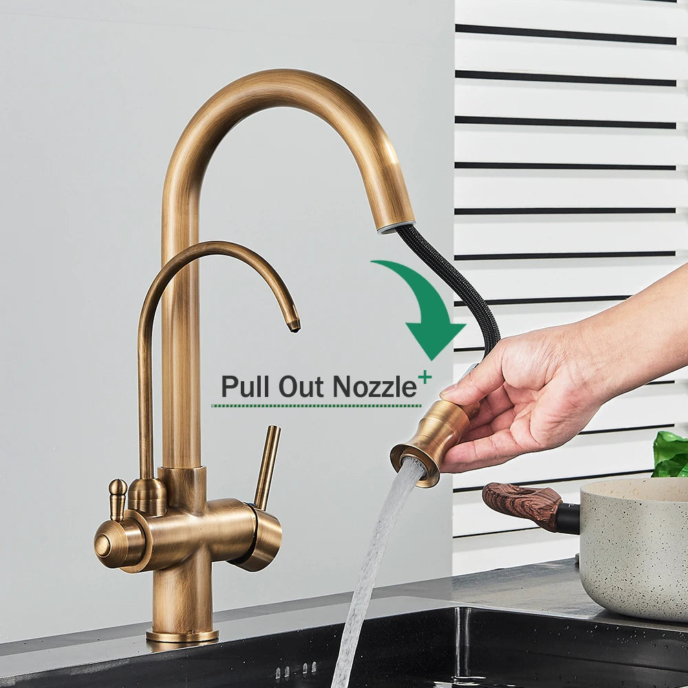 Rozin Filter Water Kitchen Faucet 2 in 1 Antique Brass Pull Out Nozzle Kitchen Purification Crane 2 Ways Swivel Mixer Tap