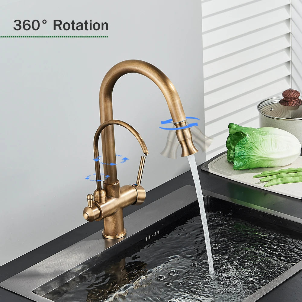 Rozin Filter Water Kitchen Faucet 2 in 1 Antique Brass Pull Out Nozzle Kitchen Purification Crane 2 Ways Swivel Mixer Tap