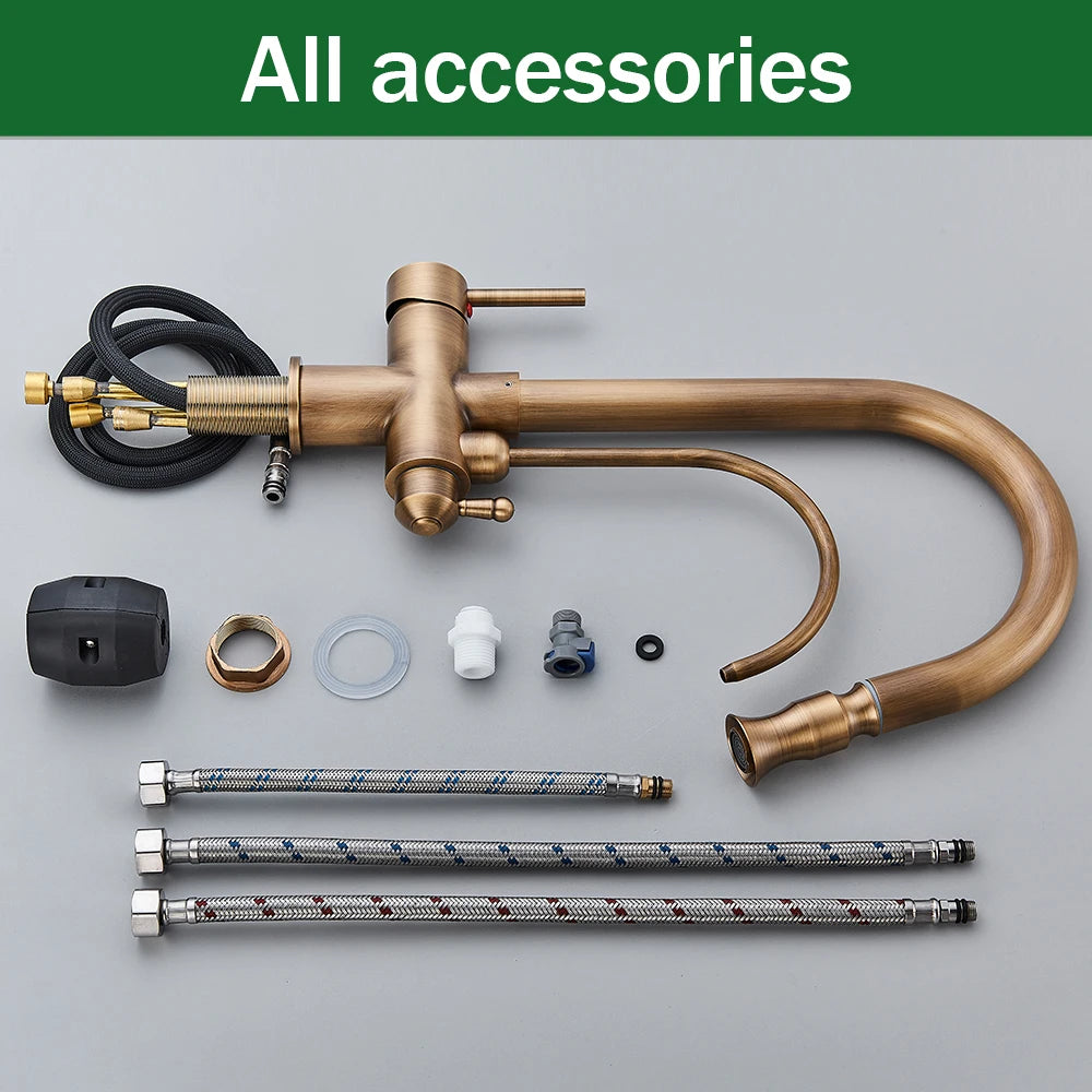 Rozin Filter Water Kitchen Faucet 2 in 1 Antique Brass Pull Out Nozzle Kitchen Purification Crane 2 Ways Swivel Mixer Tap