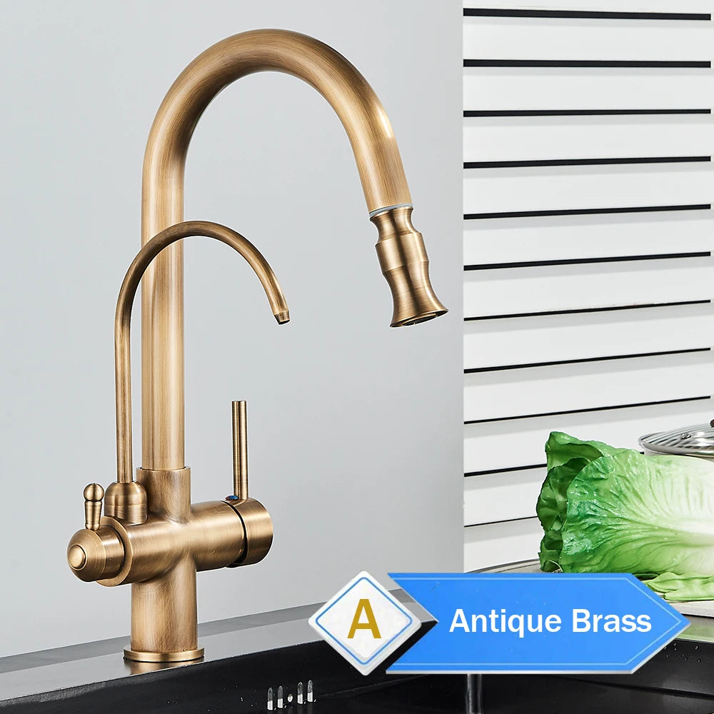 Rozin Filter Water Kitchen Faucet 2 in 1 Antique Brass Pull Out Nozzle Kitchen Purification Crane 2 Ways Swivel Mixer Tap