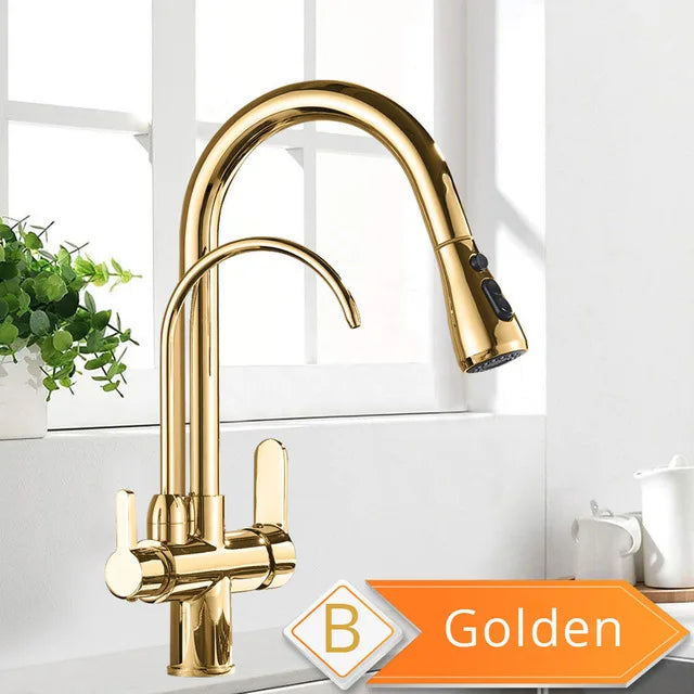 Rozin Filter Water Kitchen Faucet 2 in 1 Antique Brass Pull Out Nozzle Kitchen Purification Crane 2 Ways Swivel Mixer Tap