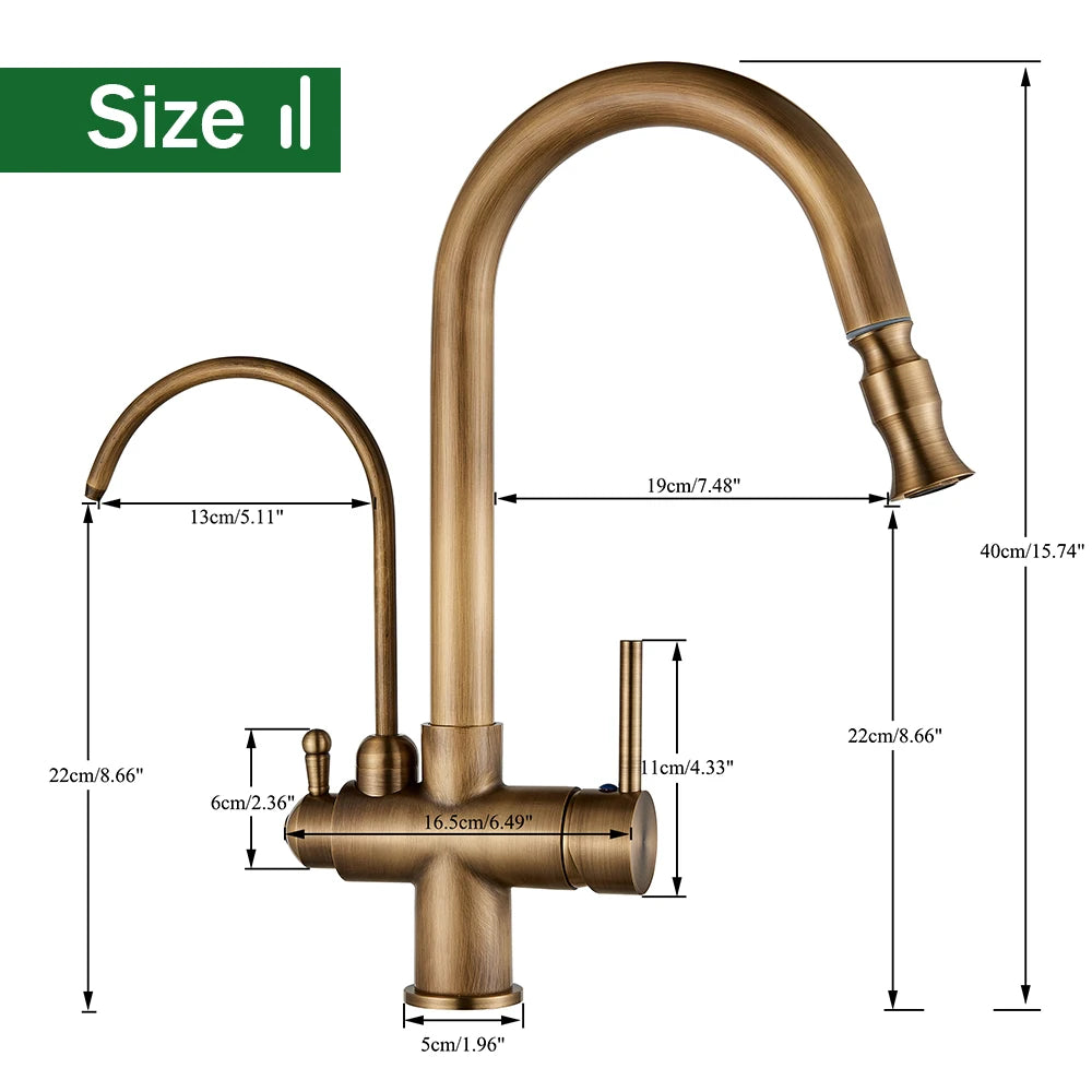 Rozin Filter Water Kitchen Faucet 2 in 1 Antique Brass Pull Out Nozzle Kitchen Purification Crane 2 Ways Swivel Mixer Tap