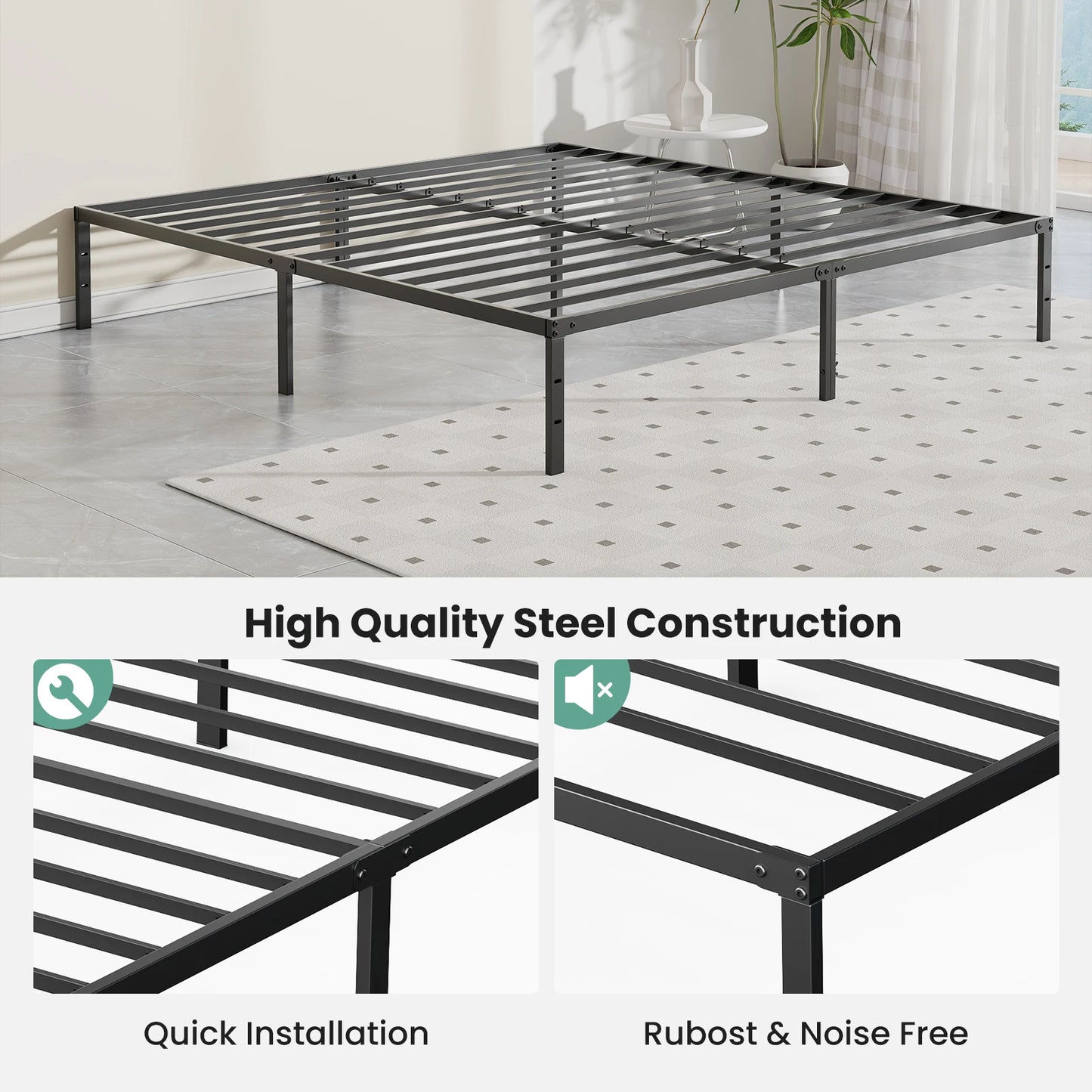 JHK Metal Platform 16IN Tall Basic Bed Frame Sturdy Steel Heavy Duty with Storage Space Bedroom Frames Slat Support For Home