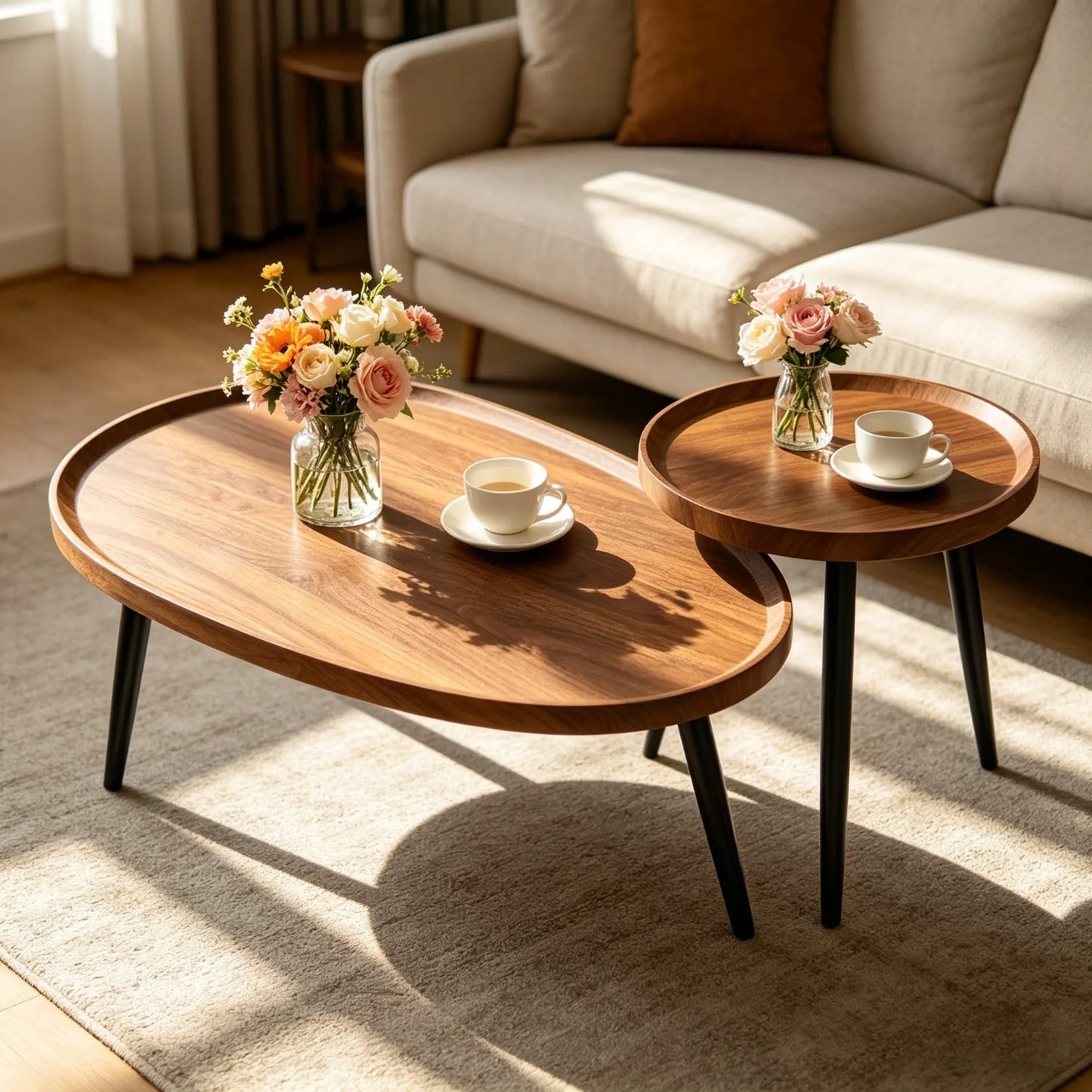 Set of 2 Mid-Century Coffee Table, Solid Wood, Drop Shape, Nesting Tables, Accent Ottoman Table, Living Room Office