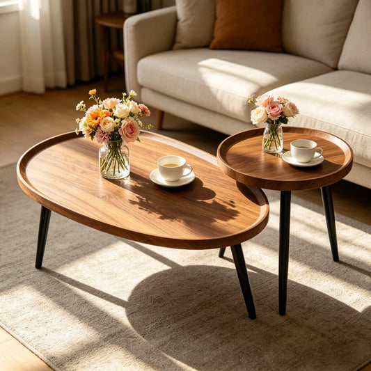 Set of 2 Mid-Century Coffee Table, Solid Wood, Drop Shape, Nesting Tables, Accent Ottoman Table, Living Room Office