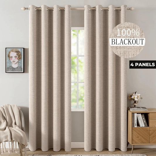 4pcs Set of 100% Blackout Linen Textured Curtains for Bedroom, Sound Reduction and Heat Thermal Insulation, High‑Quality Soft Fabric Window Curtains, Durable Metal Ring Grommet Top Design, Full Light Blocking Drapes, Luxury