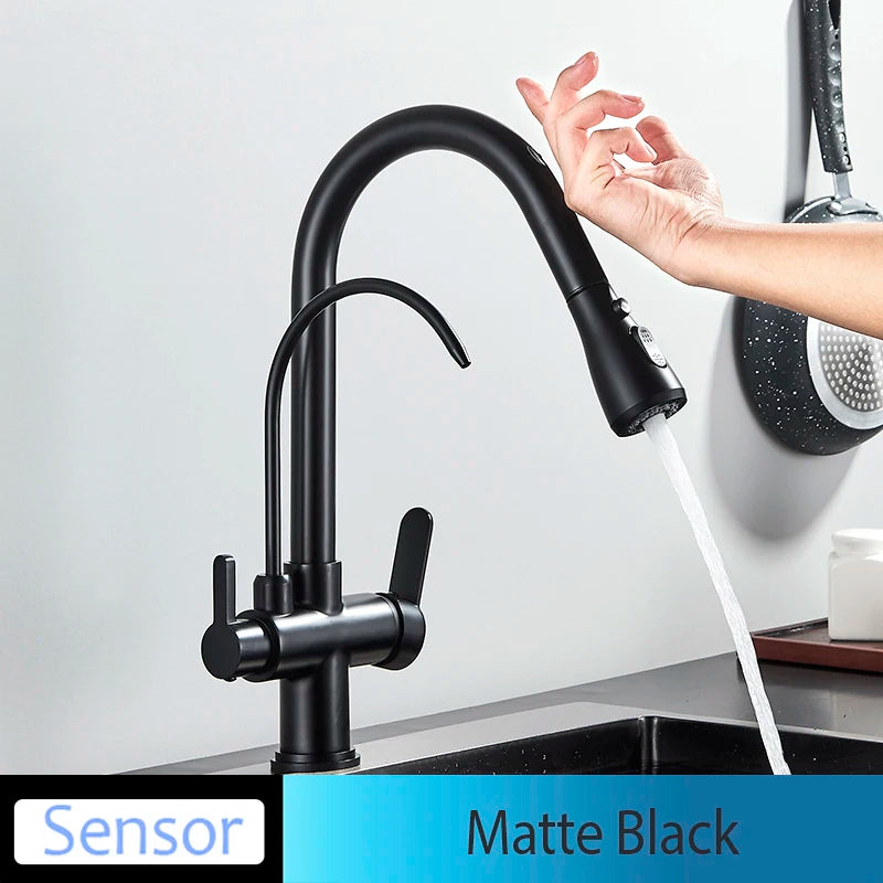 Black Touch/NO Sensor Kitchen Faucet Pull Out Sink Faucets Hot Cold Mixer Pure Water Tap Deck Mounted Taps Dual Handle