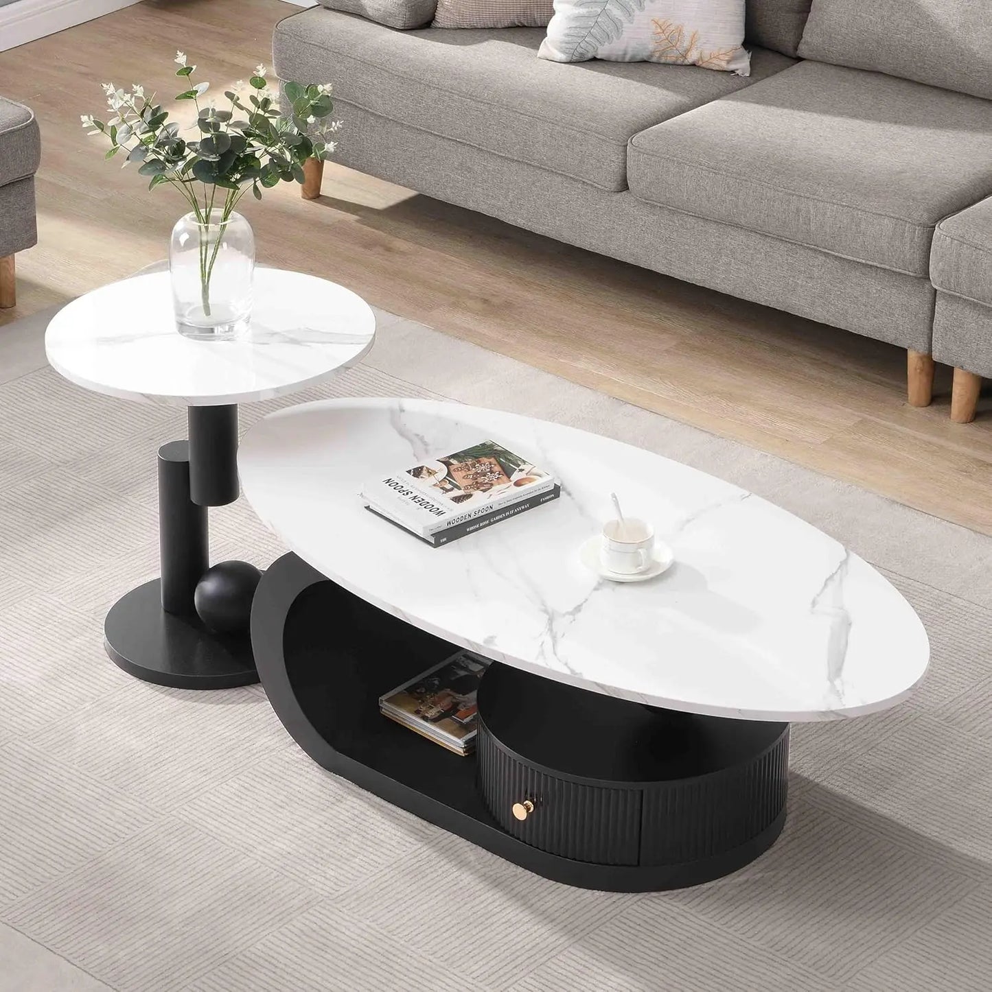 Modern Coffee Table with Silver Stainless Steel Pedestal Oval Living Room Table with Faux Marble Top & Luxury