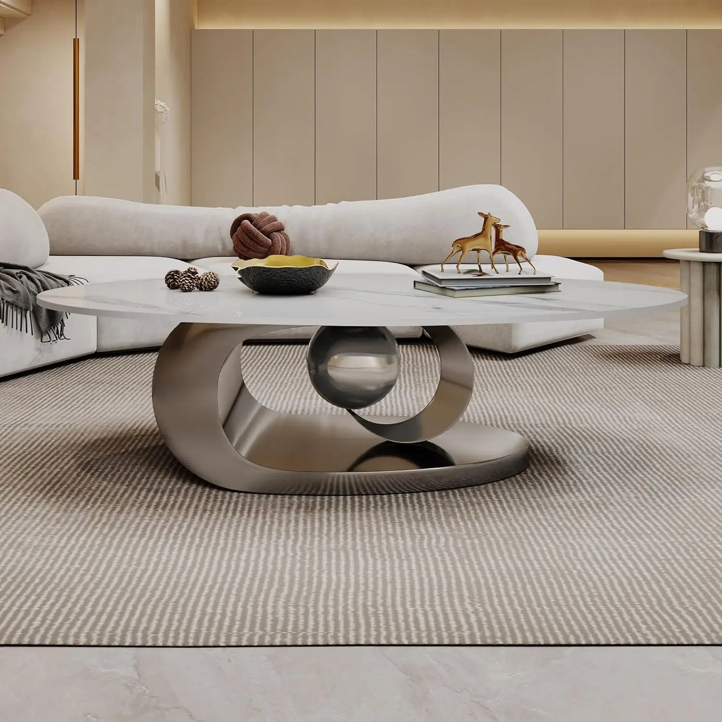 Modern Coffee Table with Silver Stainless Steel Pedestal Oval Living Room Table with Faux Marble Top & Luxury