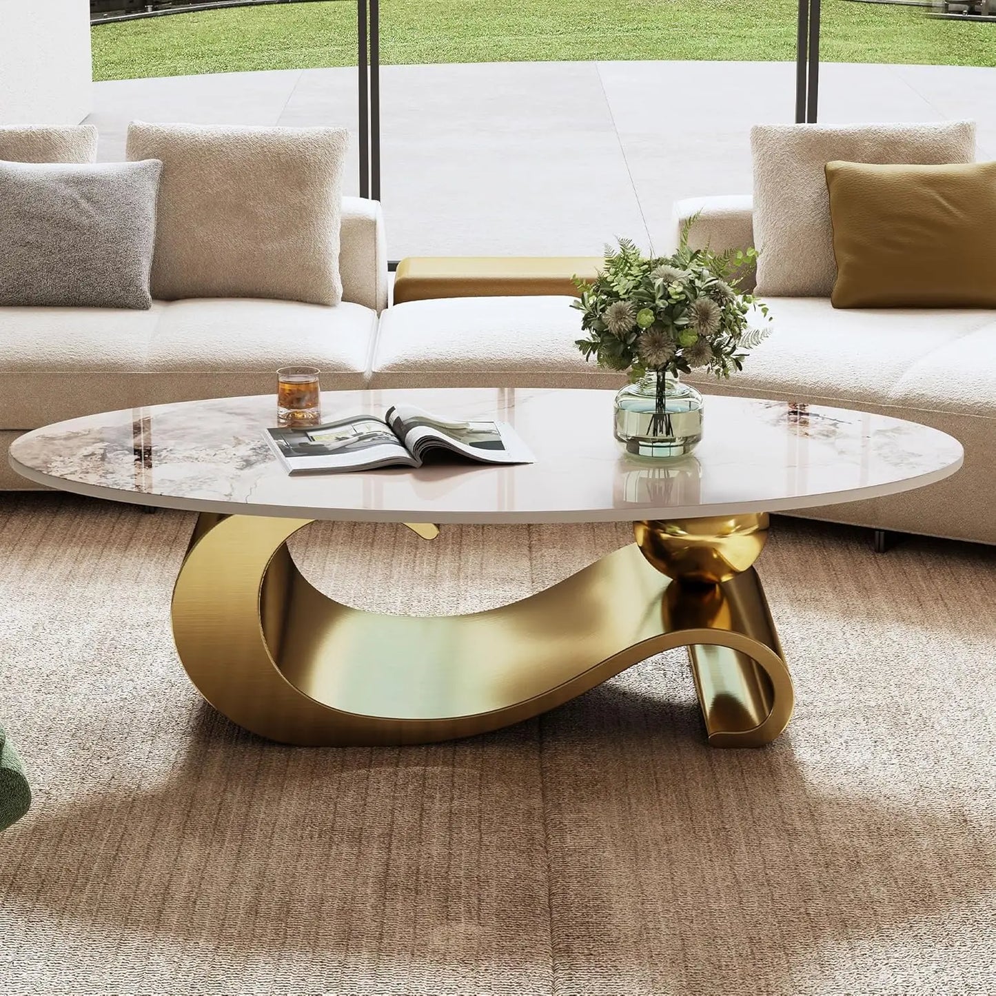 Modern Coffee Table with Silver Stainless Steel Pedestal Oval Living Room Table with Faux Marble Top & Luxury