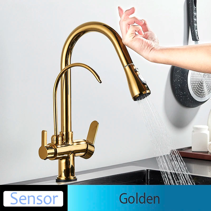 Black Touch/NO Sensor Kitchen Faucet Pull Out Sink Faucets Hot Cold Mixer Pure Water Tap Deck Mounted Taps Dual Handle