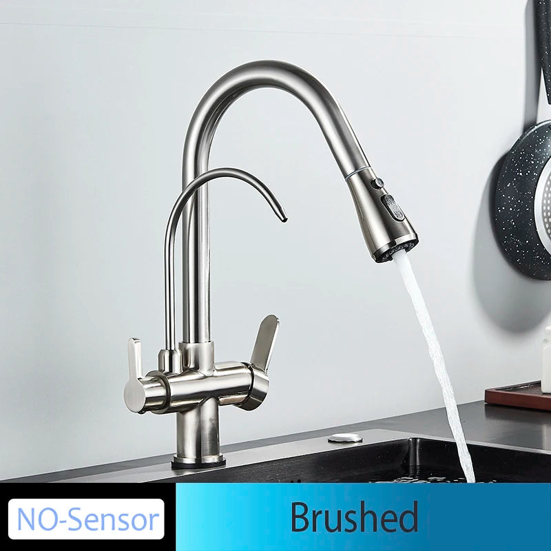 Black Touch/NO Sensor Kitchen Faucet Pull Out Sink Faucets Hot Cold Mixer Pure Water Tap Deck Mounted Taps Dual Handle