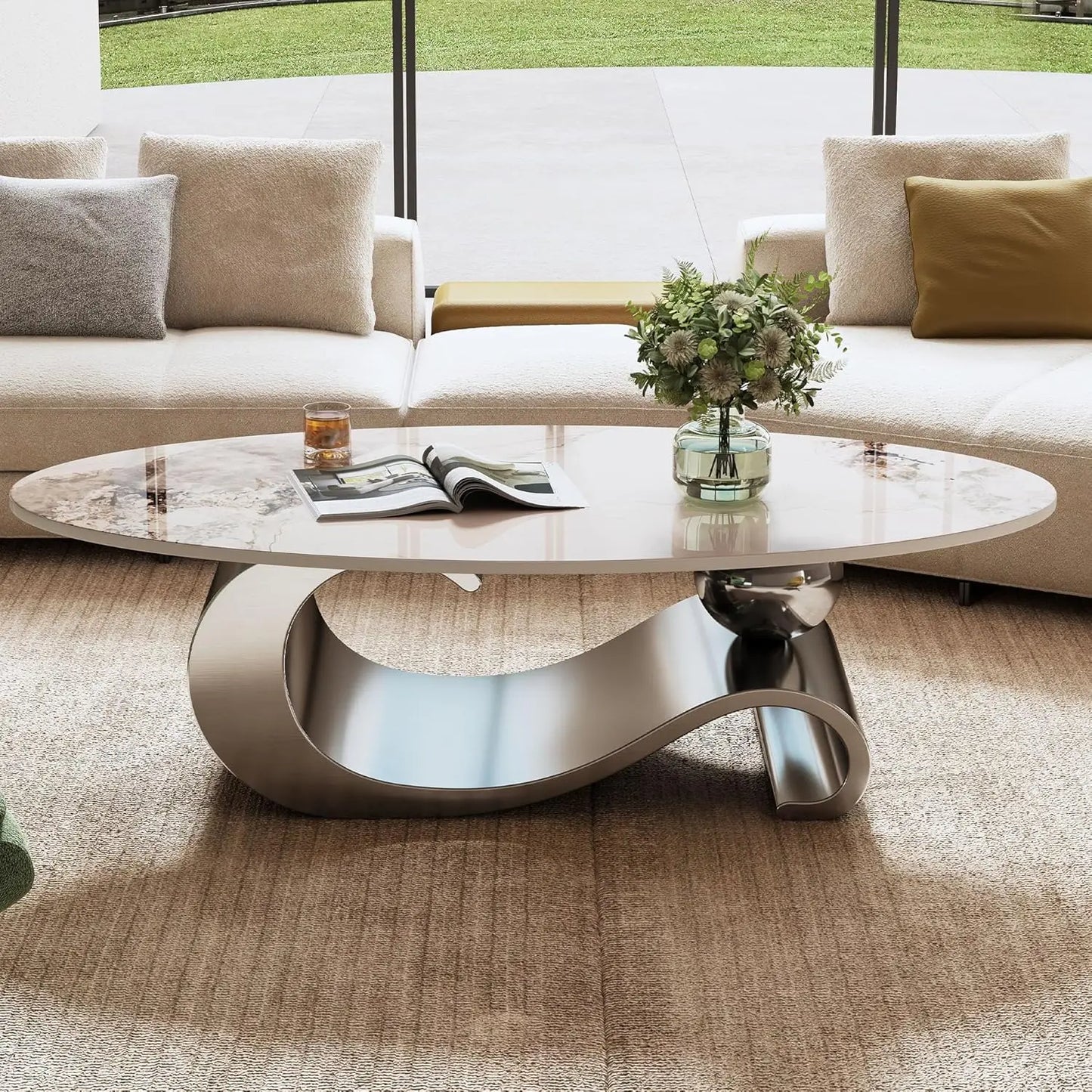 Modern Coffee Table with Silver Stainless Steel Pedestal Oval Living Room Table with Faux Marble Top & Luxury