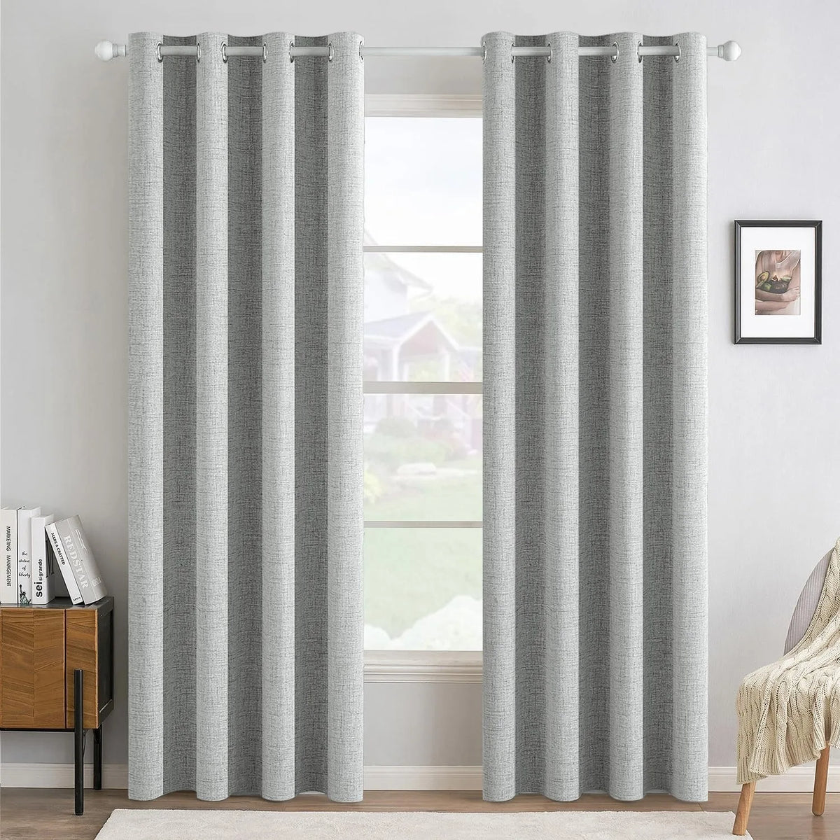 4pcs Set of 100% Blackout Linen Textured Curtains for Bedroom, Sound Reduction and Heat Thermal Insulation, High‑Quality Soft Fabric Window Curtains, Durable Metal Ring Grommet Top Design, Full Light Blocking Drapes, Luxury