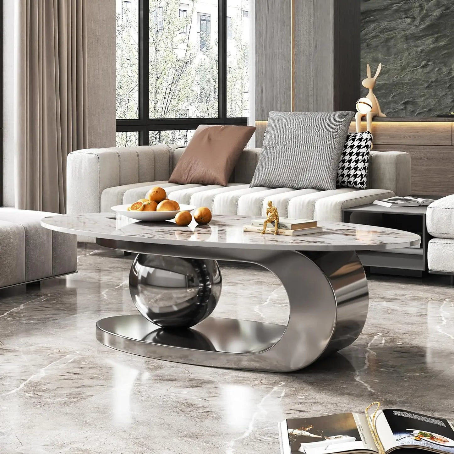 Modern Coffee Table with Silver Stainless Steel Pedestal Oval Living Room Table with Faux Marble Top & Luxury