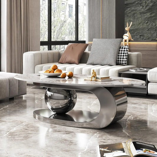 Modern Coffee Table with Silver Stainless Steel Pedestal Oval Living Room Table with Faux Marble Top & Luxury