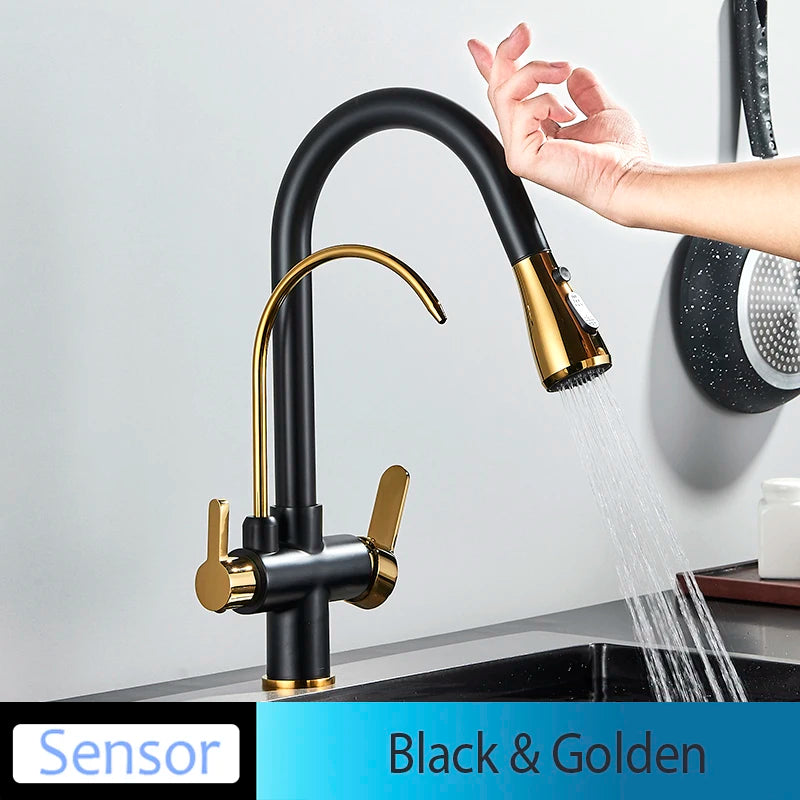Black Touch/NO Sensor Kitchen Faucet Pull Out Sink Faucets Hot Cold Mixer Pure Water Tap Deck Mounted Taps Dual Handle