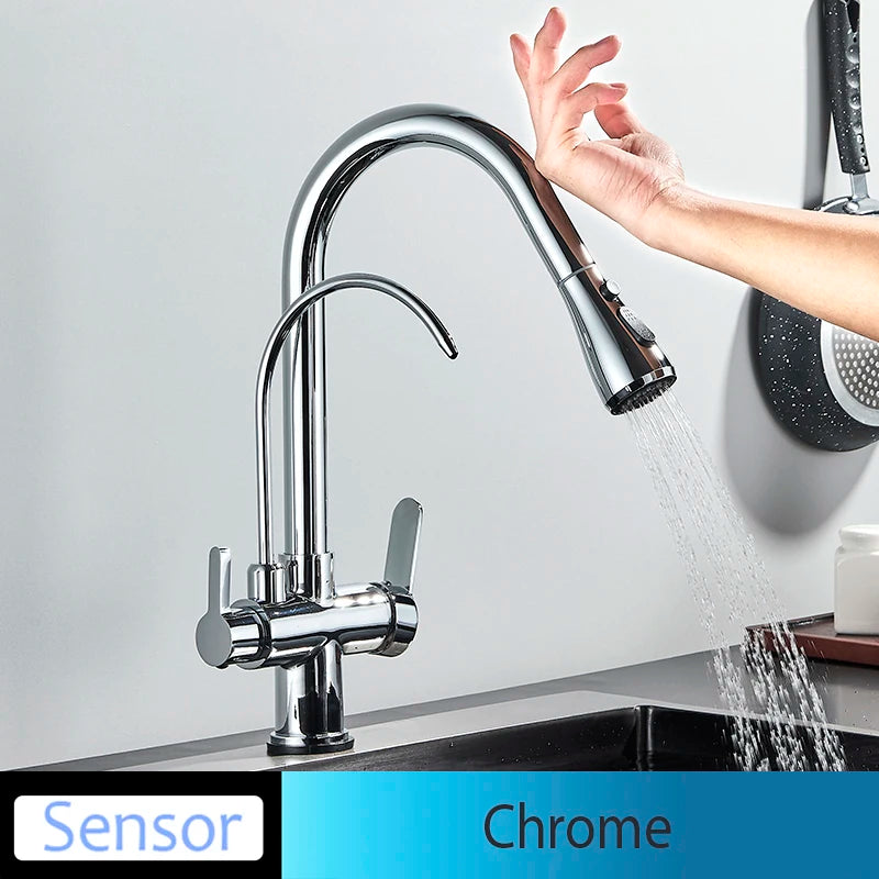 Black Touch/NO Sensor Kitchen Faucet Pull Out Sink Faucets Hot Cold Mixer Pure Water Tap Deck Mounted Taps Dual Handle