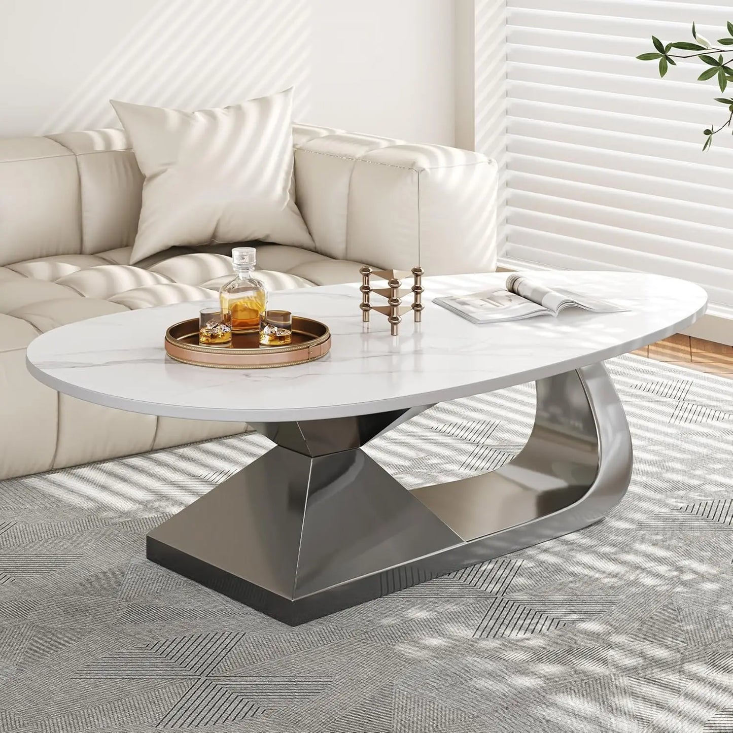 Modern Coffee Table with Silver Stainless Steel Pedestal Oval Living Room Table with Faux Marble Top & Luxury