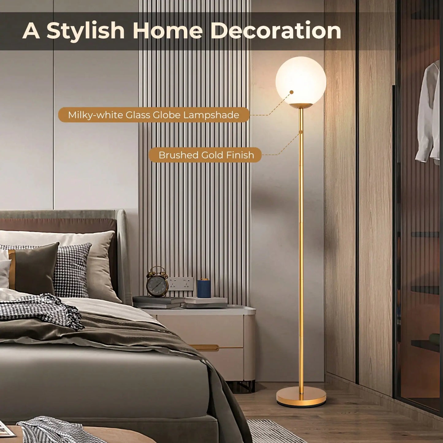 Spherical Glass Shade LED Floor Lamp for Bedroom & Office