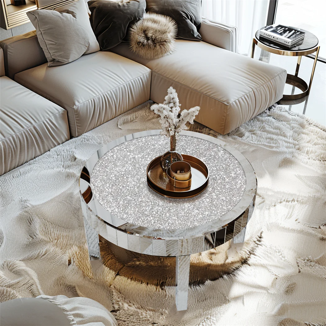 Luxury Silver Round Mirrored Coffee Table Elegant Accent Side Table with Glass Tabletop for Living Room Bedroom