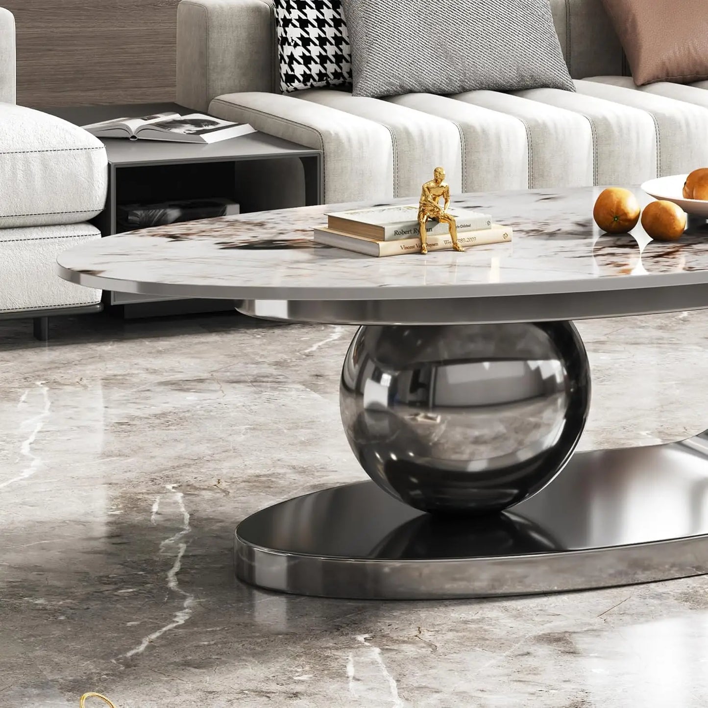 Modern Coffee Table with Silver Stainless Steel Pedestal Oval Living Room Table with Faux Marble Top & Luxury