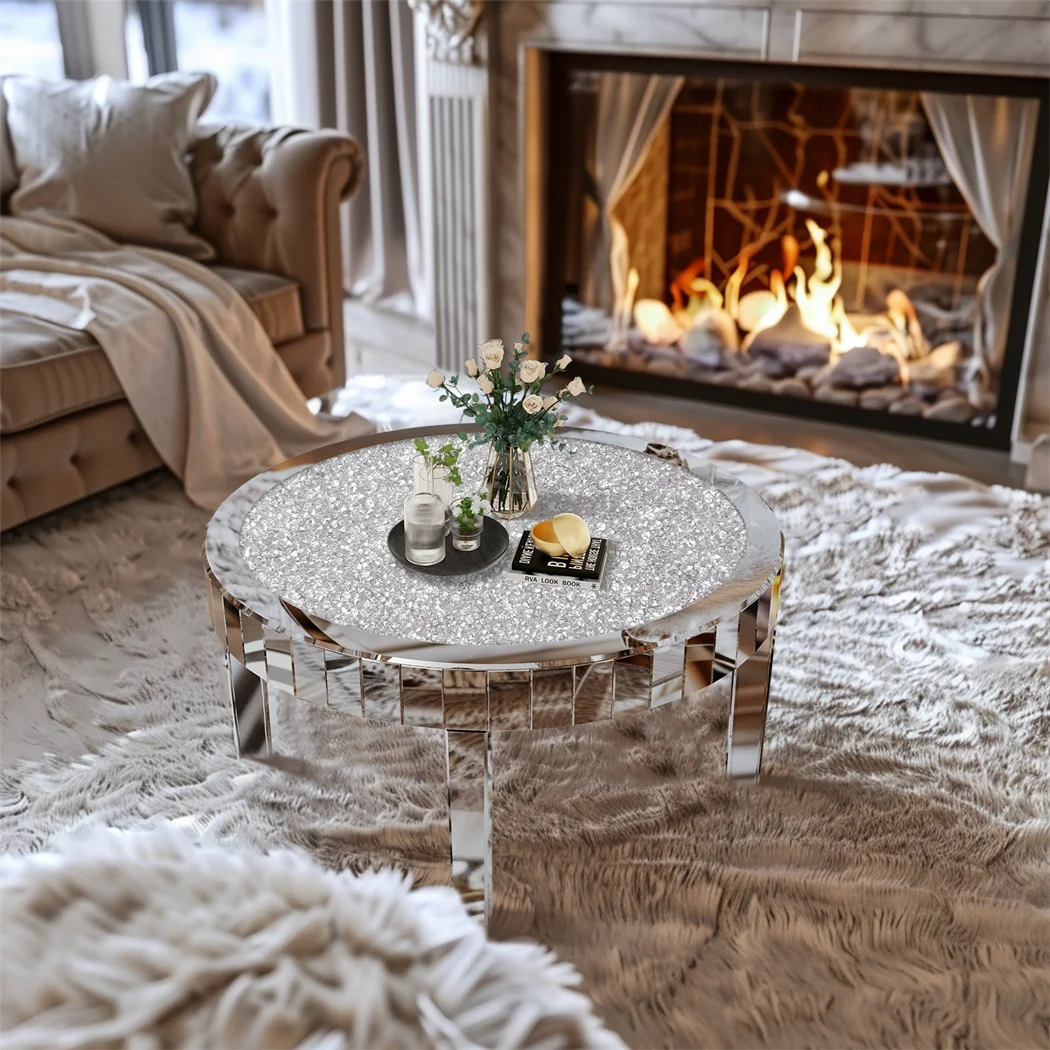 Luxury Silver Round Mirrored Coffee Table Elegant Accent Side Table with Glass Tabletop for Living Room Bedroom