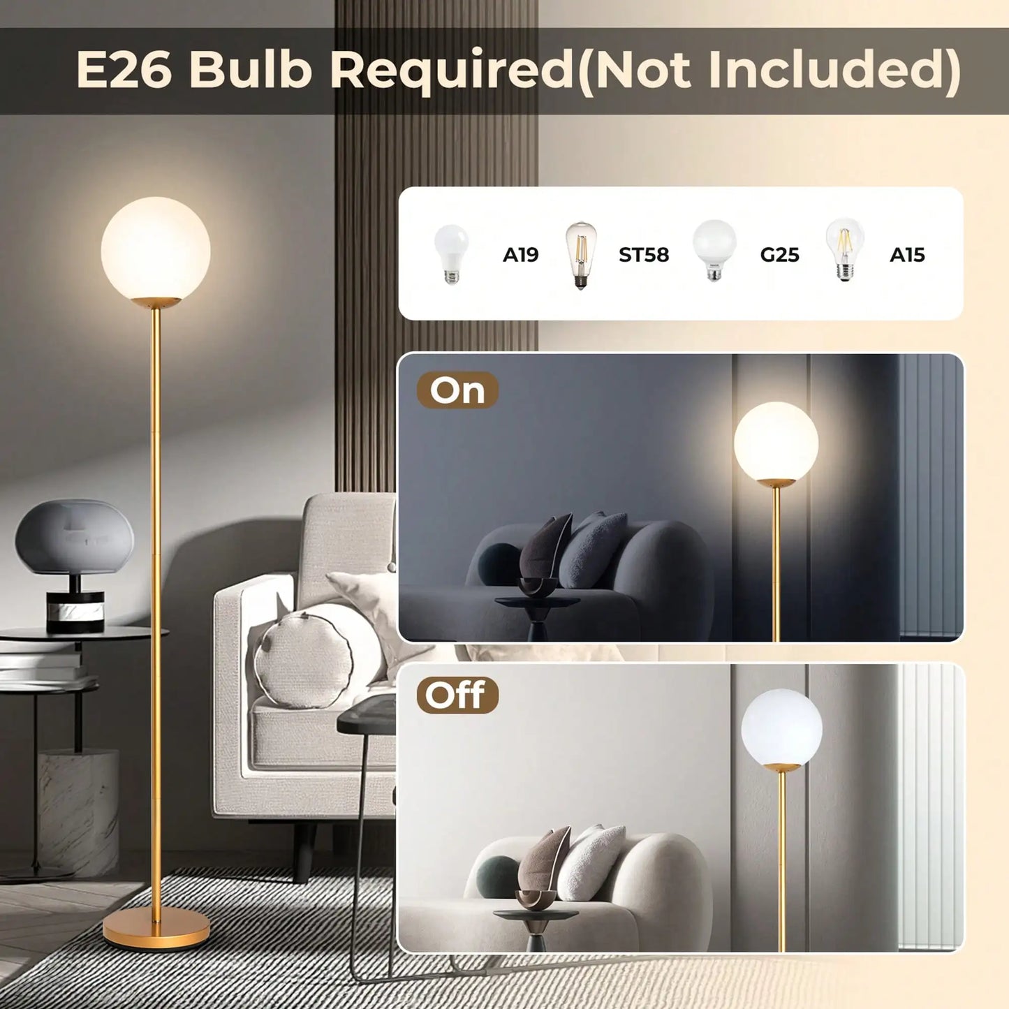 Spherical Glass Shade LED Floor Lamp for Bedroom & Office