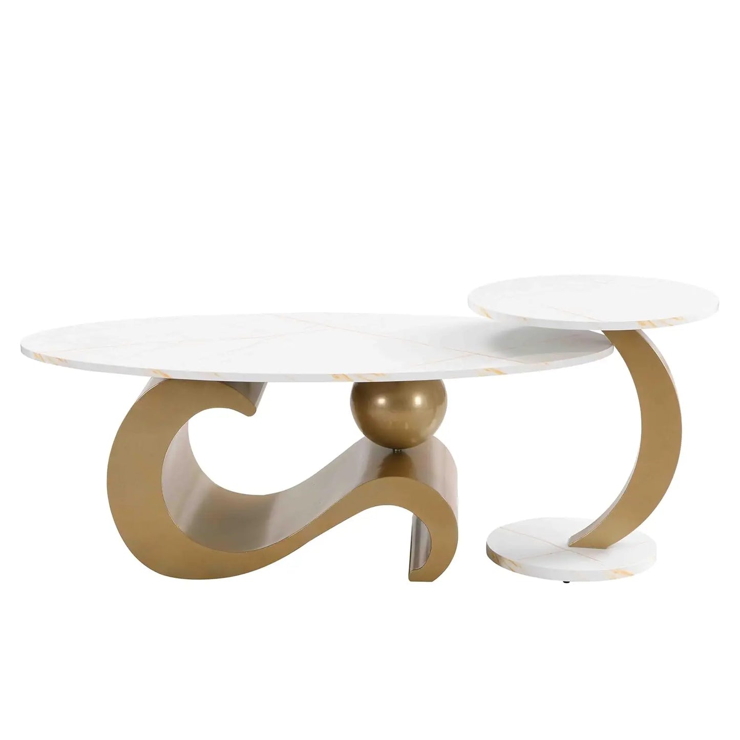 Modern Coffee Table with Silver Stainless Steel Pedestal Oval Living Room Table with Faux Marble Top & Luxury