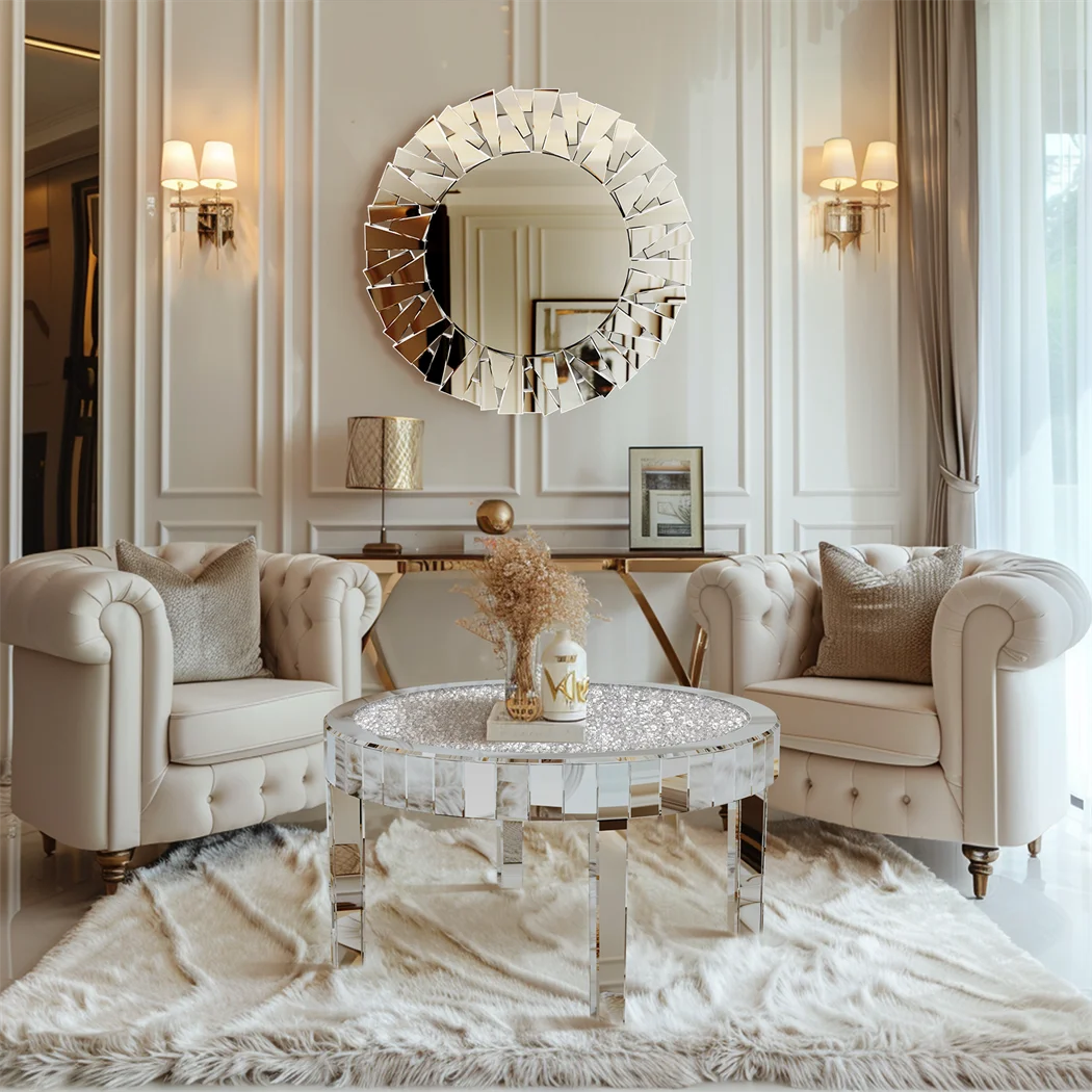 Luxury Silver Round Mirrored Coffee Table Elegant Accent Side Table with Glass Tabletop for Living Room Bedroom