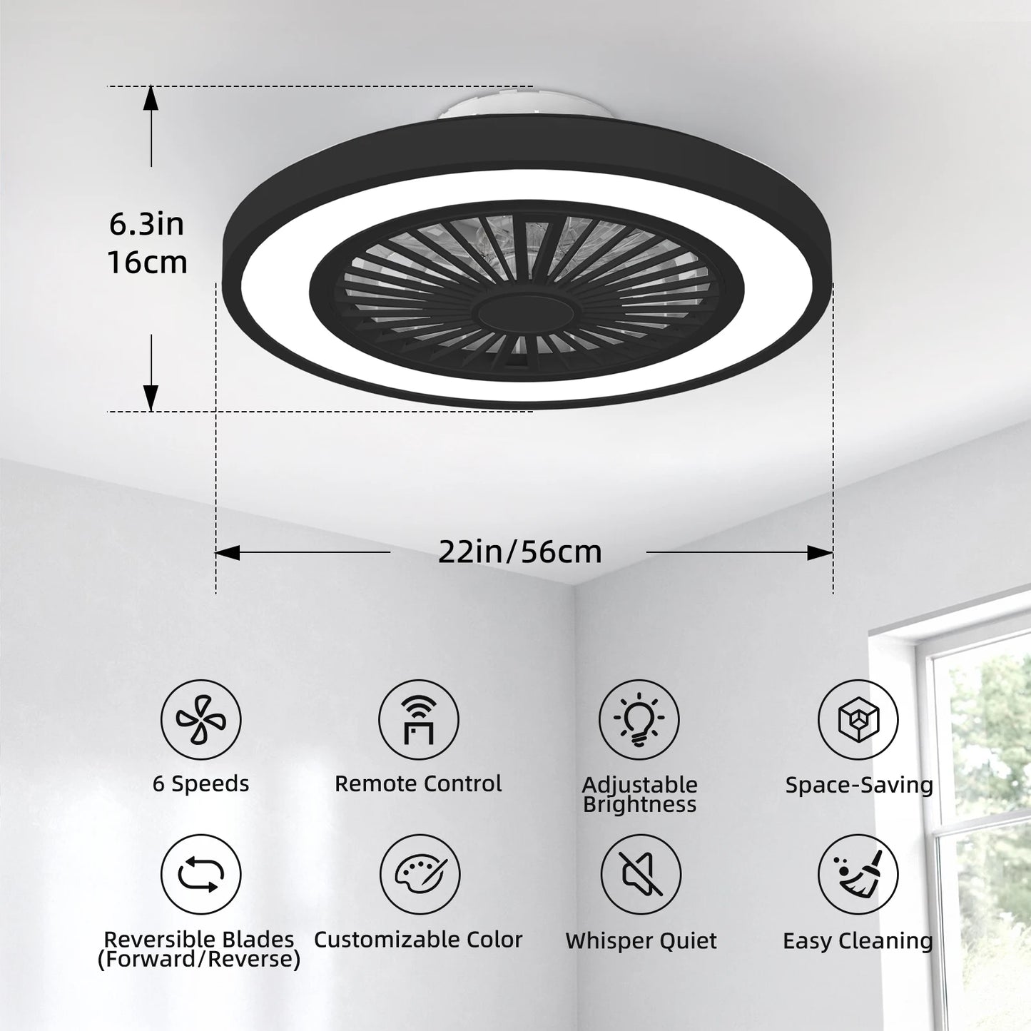 Silent Ceiling Fan with Light 6-Speed Choice Reversible DC Motor 3CCT 22inch with Remote Control Whisper Easy Install Black/White Shipped from USA