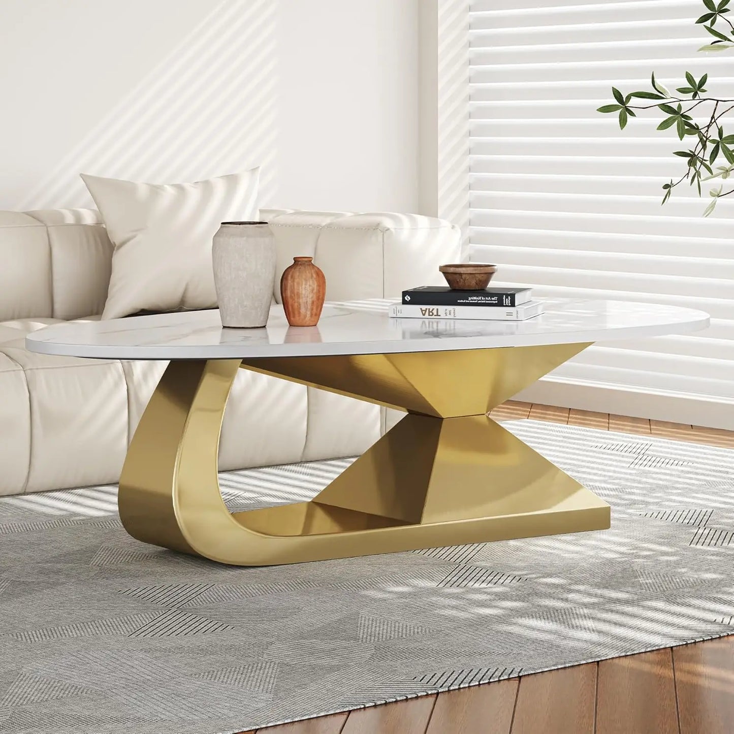 Modern Coffee Table with Silver Stainless Steel Pedestal Oval Living Room Table with Faux Marble Top & Luxury