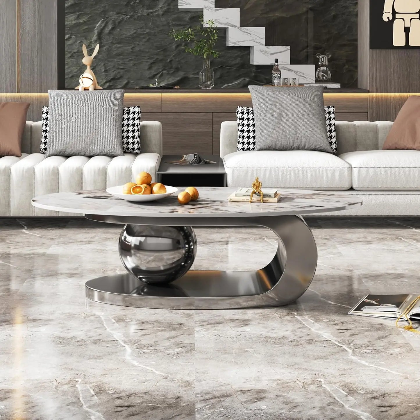 Modern Coffee Table with Silver Stainless Steel Pedestal Oval Living Room Table with Faux Marble Top & Luxury