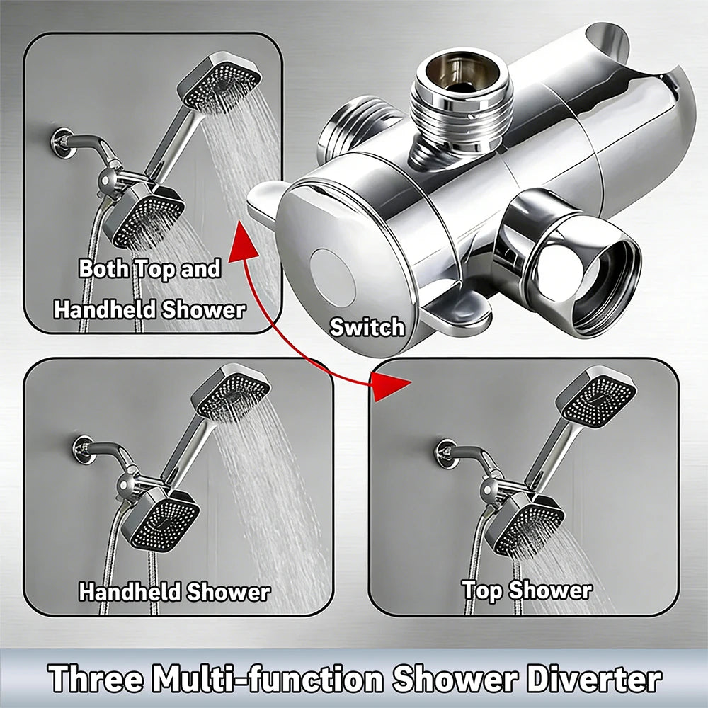 A High-Flow Large Nozzle and Handheld Shower Head，Two-In-One Shower Set,Shower Long Hose and T-Shaped Valve-Durable Abs Material,Wall-Mounted, Square Design,Suitable for Bathroom UpgradesThree-Way Water Distributor Bathroom