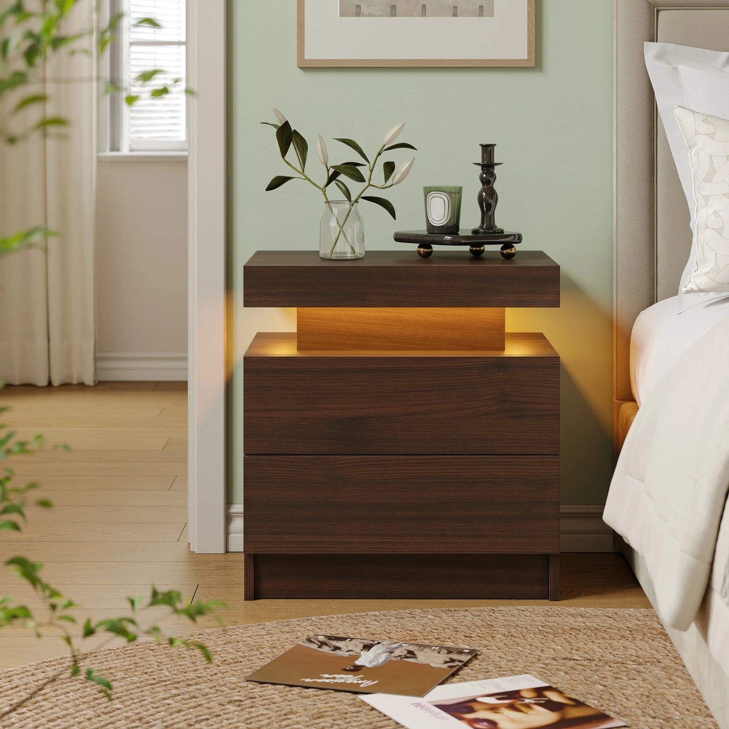 LED Nightstands with 2 Drawers, End Table with RGB LED Lights for Bedroom Living Room, White Bedside Table