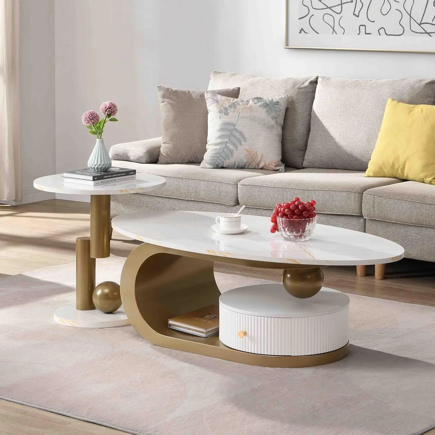 Modern Coffee Table with Silver Stainless Steel Pedestal Oval Living Room Table with Faux Marble Top & Luxury