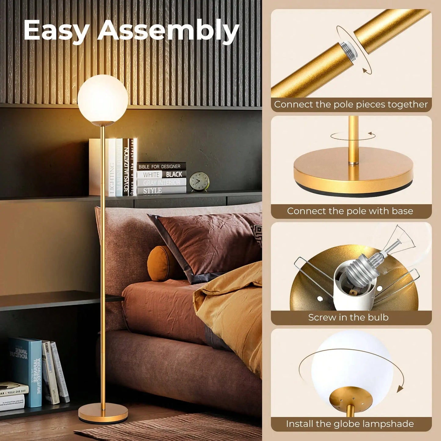 Spherical Glass Shade LED Floor Lamp for Bedroom & Office