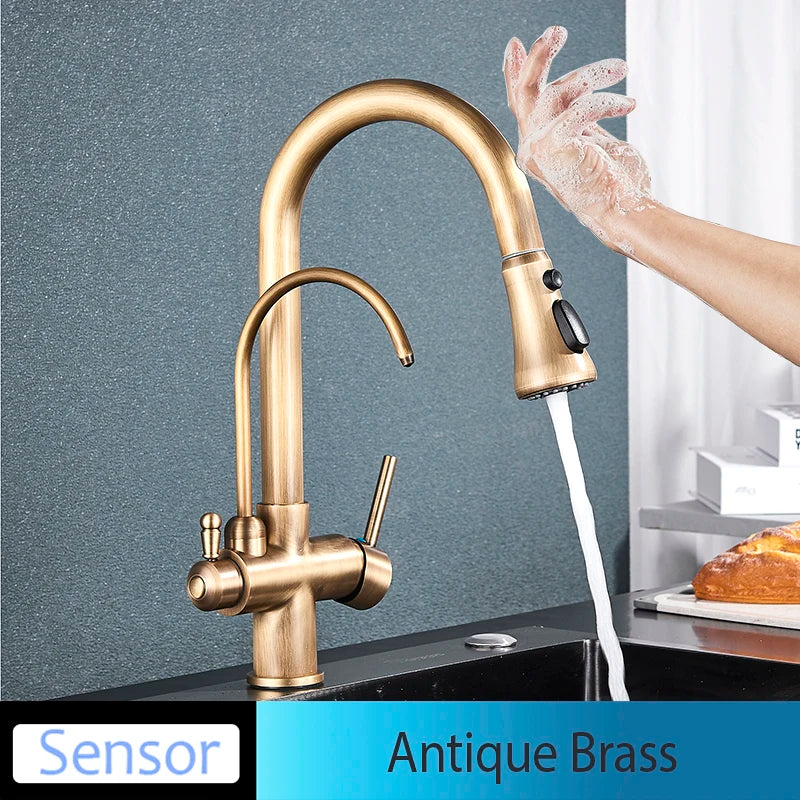 Black Touch/NO Sensor Kitchen Faucet Pull Out Sink Faucets Hot Cold Mixer Pure Water Tap Deck Mounted Taps Dual Handle