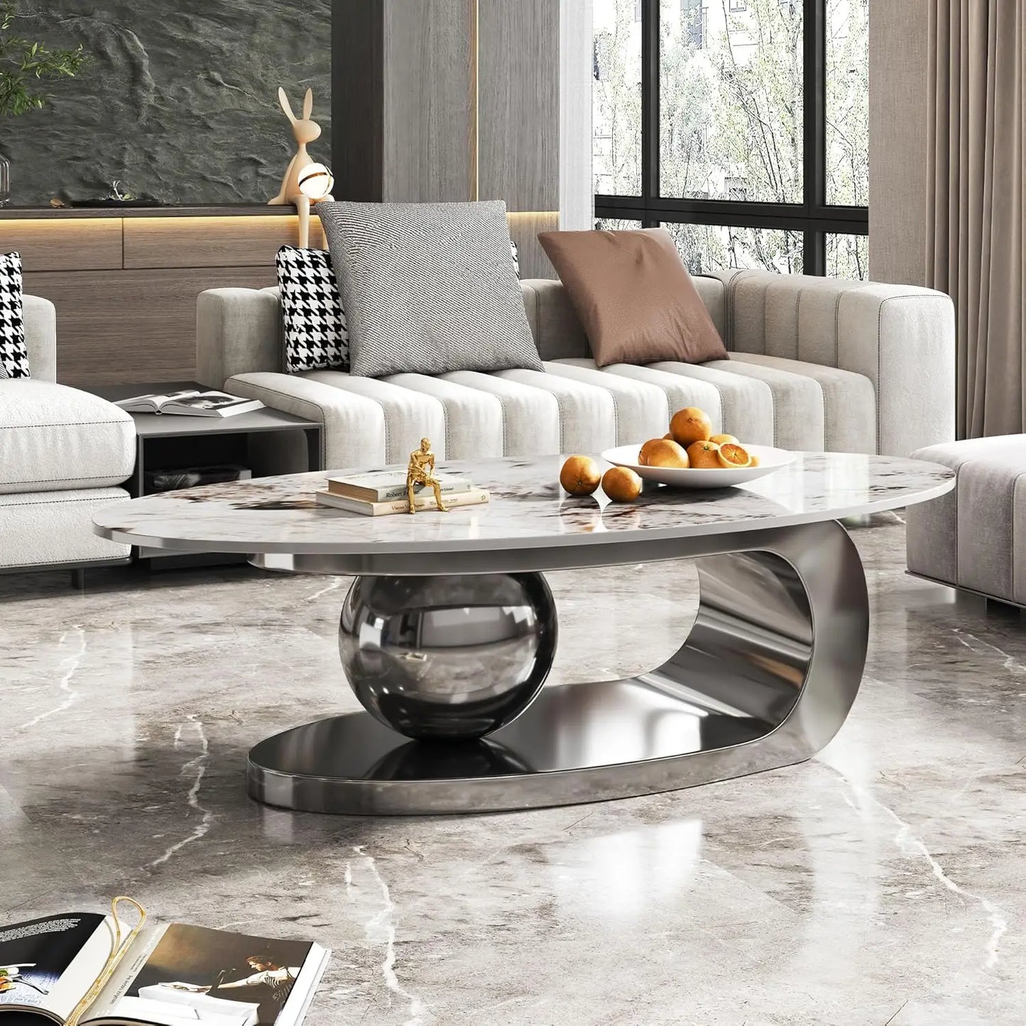 Modern Coffee Table with Silver Stainless Steel Pedestal Oval Living Room Table with Faux Marble Top & Luxury
