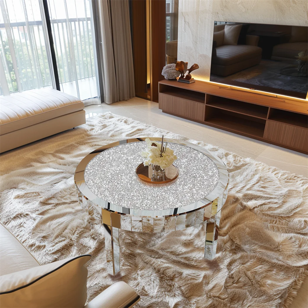 Luxury Silver Round Mirrored Coffee Table Elegant Accent Side Table with Glass Tabletop for Living Room Bedroom
