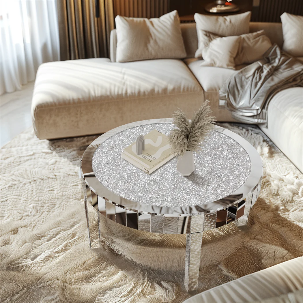 Luxury Silver Round Mirrored Coffee Table Elegant Accent Side Table with Glass Tabletop for Living Room Bedroom