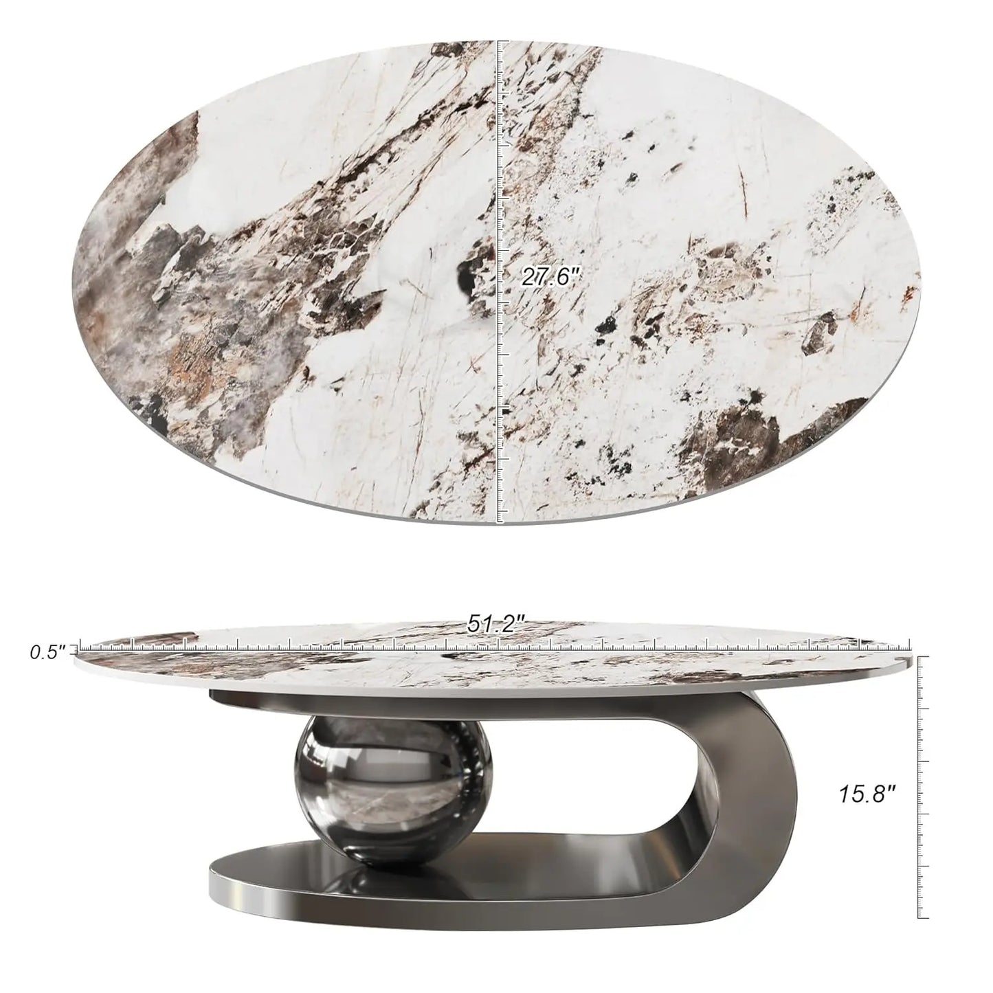 Modern Coffee Table with Silver Stainless Steel Pedestal Oval Living Room Table with Faux Marble Top & Luxury