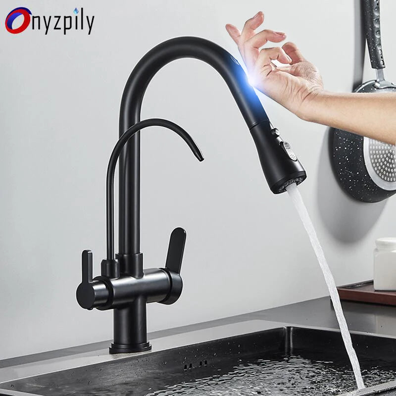 Black Touch/NO Sensor Kitchen Faucet Pull Out Sink Faucets Hot Cold Mixer Pure Water Tap Deck Mounted Taps Dual Handle