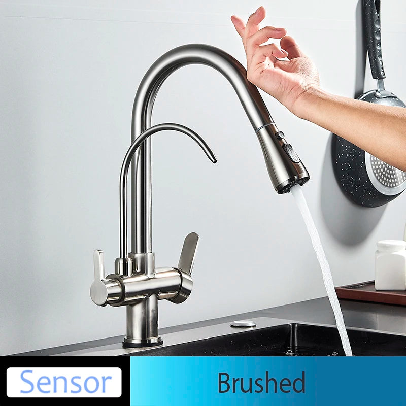 Black Touch/NO Sensor Kitchen Faucet Pull Out Sink Faucets Hot Cold Mixer Pure Water Tap Deck Mounted Taps Dual Handle