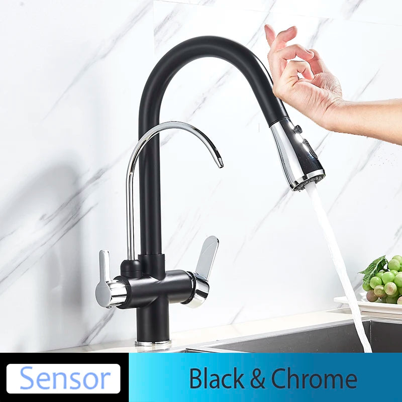Black Touch/NO Sensor Kitchen Faucet Pull Out Sink Faucets Hot Cold Mixer Pure Water Tap Deck Mounted Taps Dual Handle